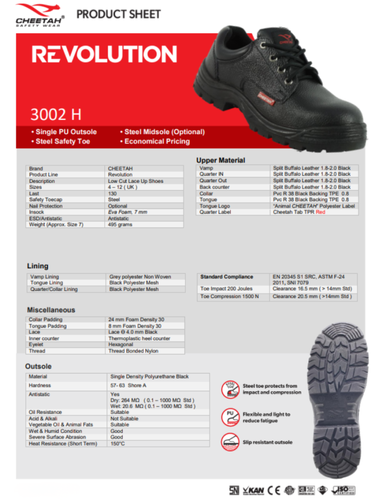 DATA SHEAT SAFETY SHOES CHEETAH 3002H